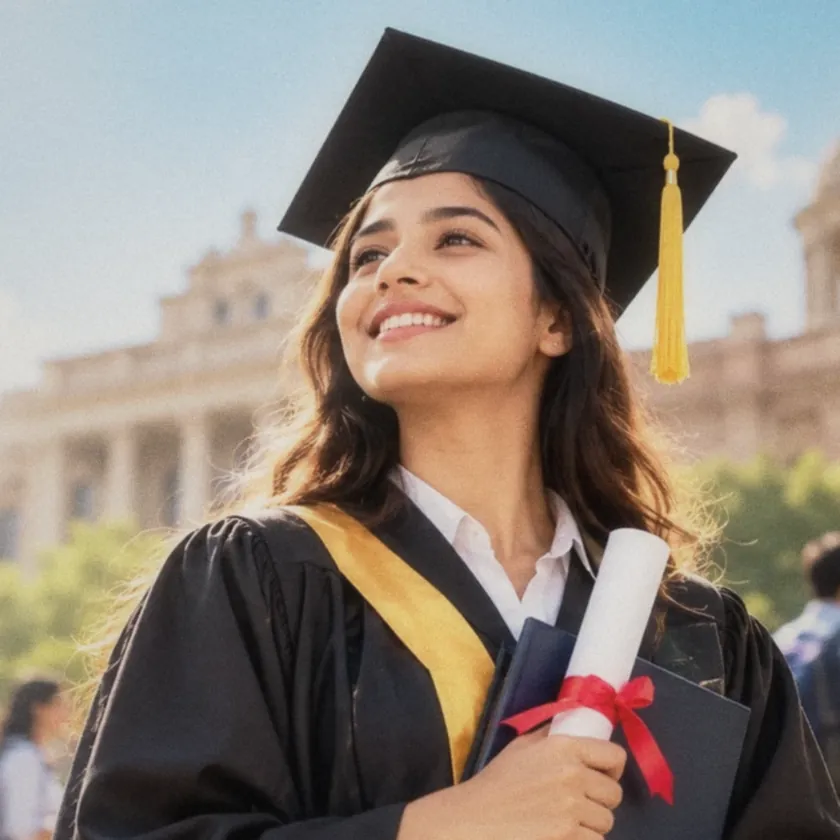 A graduate in front of her university