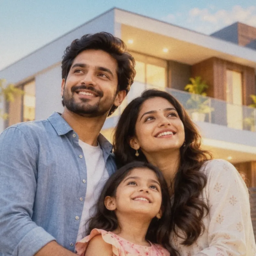 A family outside their new home