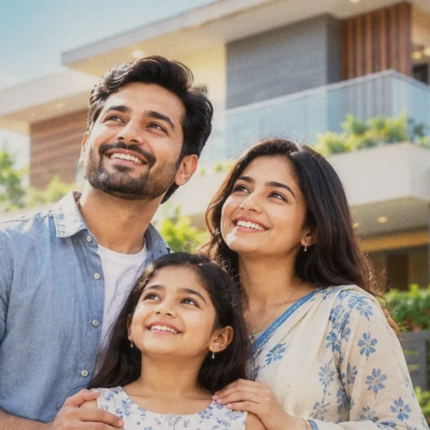 A family outside their home