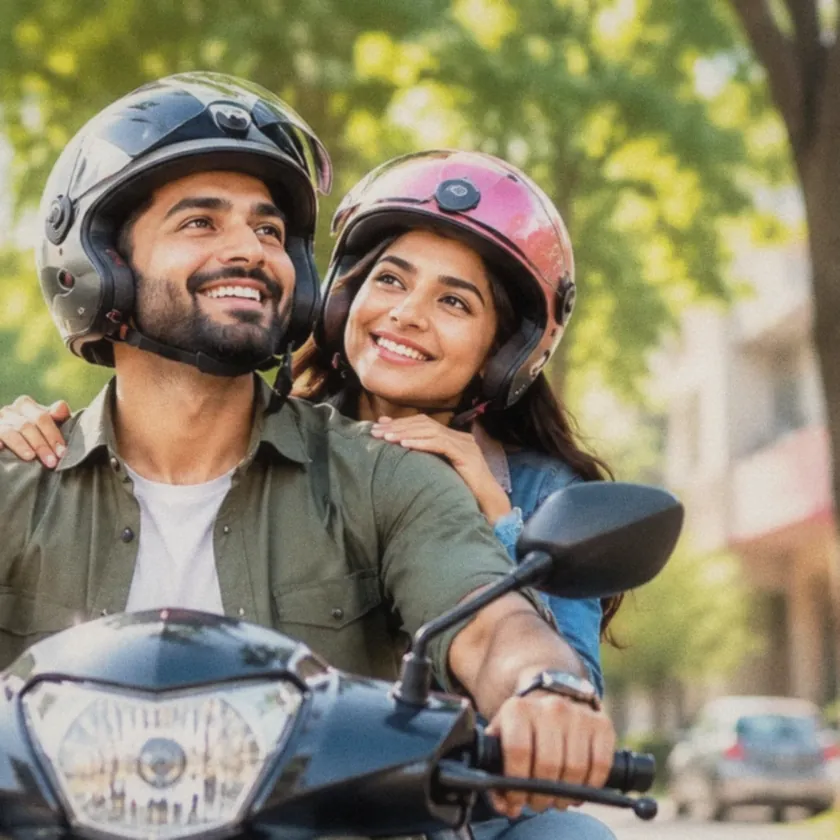A couple riding a scooter